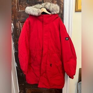 Zara Red Puffer Jacket with Faux Fur Trim